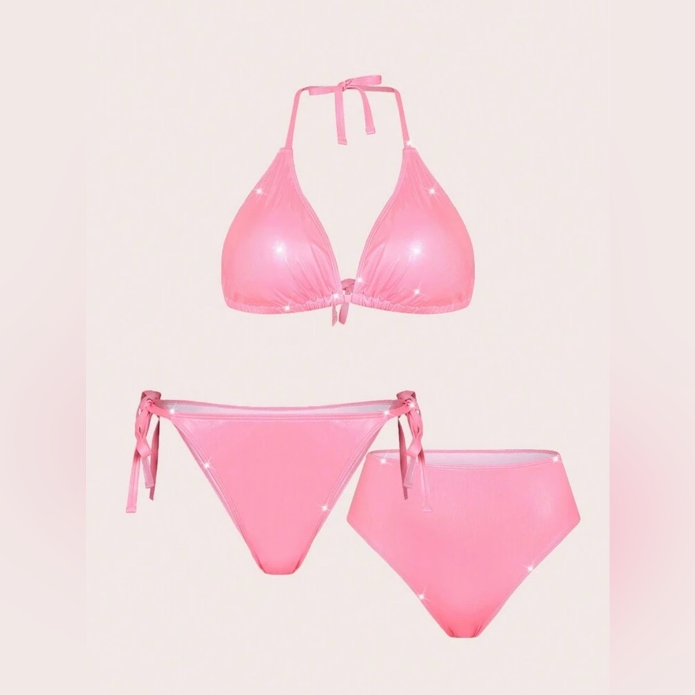NWT SHEIN Swim Curve Pink Glitter Halter Neck Swimwear Set Plus Size 20(4XL)